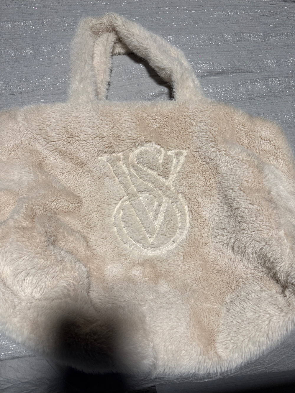 Victoria's Secret Cream Faux Fur Tote with Embroidered VS Logo